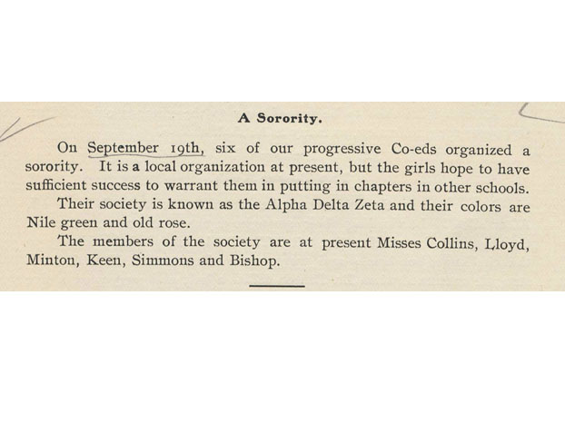 Delta Zeta's founding announcement in the 1902 The Miami Student Excerpt